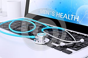 stethoscope on laptop keyboard with screen showing mens health