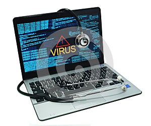 Stethoscope on a laptop with virus