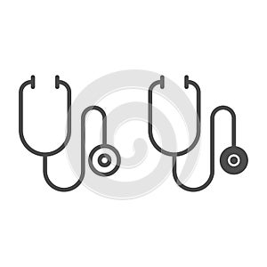 Stethoscope line and solid icon, healthcare concept, medical instrument for listening heart beat or breathing sign on