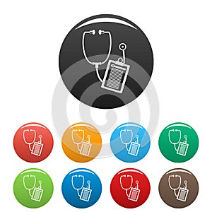 Stethoscope, medical card icons set color