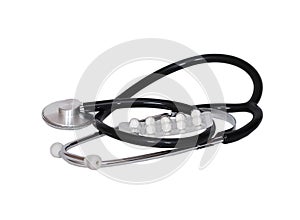 Stethoscope. Medical device for measuring blood pressure and pills