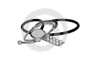 Stethoscope. Medical device for measuring blood pressure and pills