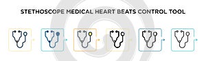 Stethoscope medical heart beats control tool vector icon in 6 different modern styles. Black, two colored stethoscope medical