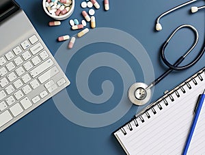 Stethoscope and medicines on the table next to a computer. Medical workplace