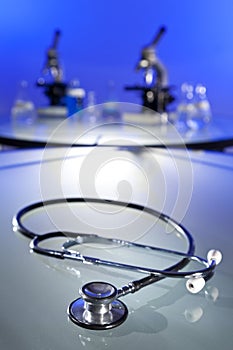 Stethoscope and Microscopes In Medical Laboratory