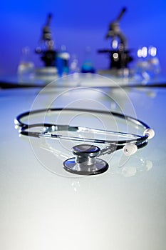 Stethoscope and Microscopes in a Medical Research Lab or Laboratory