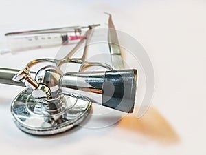 Stethoscope and minor O.T. equipments on the white table