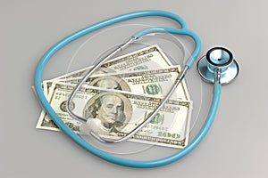 Stethoscope and money on gray