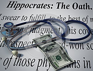 Stethoscope and money with Hippocrates Oath.