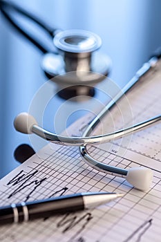 Stethoscope on a notebook. Medical cardiogram