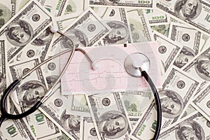 Stethoscope over ecg graph and 100 dollar bills