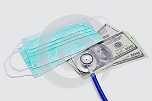 Stethoscope and paper dollar currency and face mask isolated on white background.