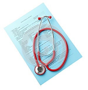 Stethoscope and patient medical history on white background. Health care concept