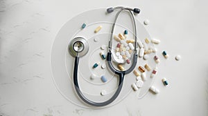 stethoscope with pile of antibiotic capsule on white table.