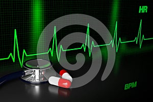 Stethoscope and Pill Capsule, 3D Rendering