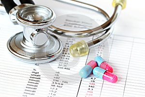 Stethoscope and pills on a check-up report photo