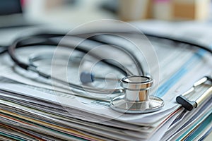 A stethoscope is placed on top of a stack of paperwork, indicating medical documentation and patient care, A well-used stethoscope