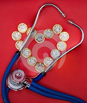 A Stethoscope with pound coins. Heath care expense.