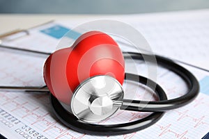 Stethoscope, red heart and cardiogram on table. photo