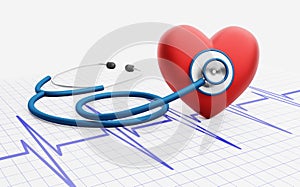 Stethoscope and red heart with electrocardiogram.