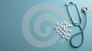 A stethoscope and several white tablets on a blue background
