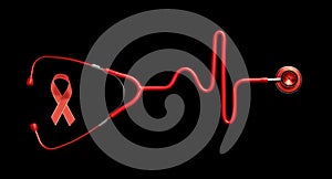 Stethoscope in the shape of a Heart Beat on a EKG with red silk ribbon