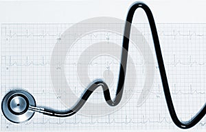Stethoscope in shape of heart beat on electrocardiogram. Tinted in blue.