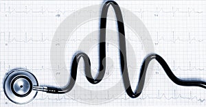 Stethoscope in shape of heart beat on electrocardiogram. Tinted in blue.