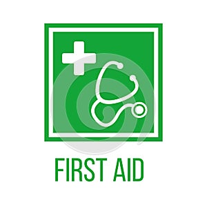 Stethoscope and silhouette of a cross in the green square. First aid medical sign, flat vector icon for apps, website, labels,