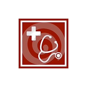 Stethoscope and silhouette of a cross in the red square. First aid medical sign flat vector icon for apps, website, labels, signs