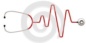 Stethoscope and a silhouette of the heart and ecg. 3D illustration