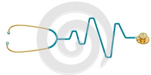 Stethoscope and a silhouette of the heart and ecg. 3D illustration