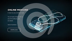Stethoscope on a smartphone of the low poly wireframe on dark background.Concept of Online Medicine. Online help or consultation.
