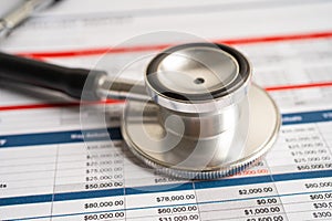 Stethoscope on spreadsheet and graph paper, Finance, Account, Statistics, Investment, Analytic research data economy and Business