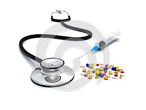 Stethoscope, syringe and pills