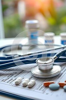 stethoscope on table with medical document and pills