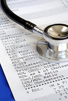 A stethoscope on the top of a blood test result photo