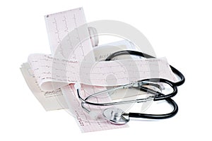 Stethoscope on the top of the ECG chart.Abnormal heart rhythm