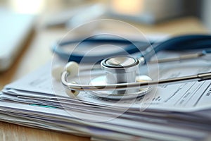 Stethoscope on Top of a Pile of Papers, A stainless steel stethoscope casually placed on a stack of medical reports, AI Generated