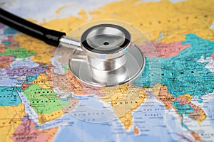 Stethoscope on USA America world globe map background