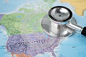 Stethoscope on USA America world globe map background