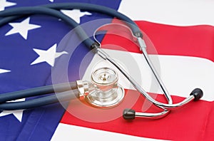 Stethoscope on the USA flag. Medicine and health concept