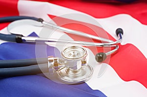 Stethoscope on the USA flag. Medicine and health concept