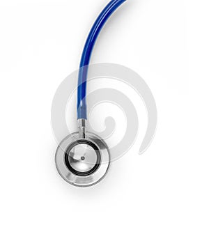 Stethoscope on white background with empty space for text and title. Healthcare and medical photo shot.