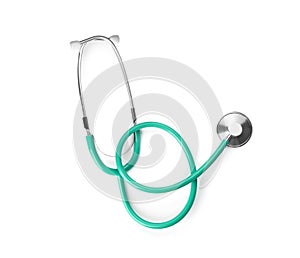 Stethoscope on white background, top view