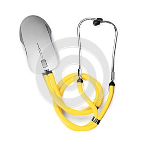 Stethoscope on white background, top view