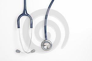 Stethoscope on white background, Top view blue stethoscope on whie background. For check heart or health check up concept