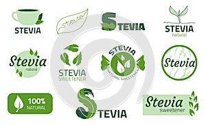 Stevia label. Stickers of substitute sweetener. Sugar free organic product for dietary. Extract of leaves and stem