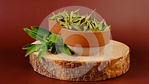 Stevia rebaudiana plant.Vegetable sweetener.Stevia fresh and dry leaves in round ceramic bowls on a brown background