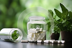 Stevia sweetener pills to replace sugar. Stevia sugar tablets in glass jar with stevia plant over blurred natural background. No